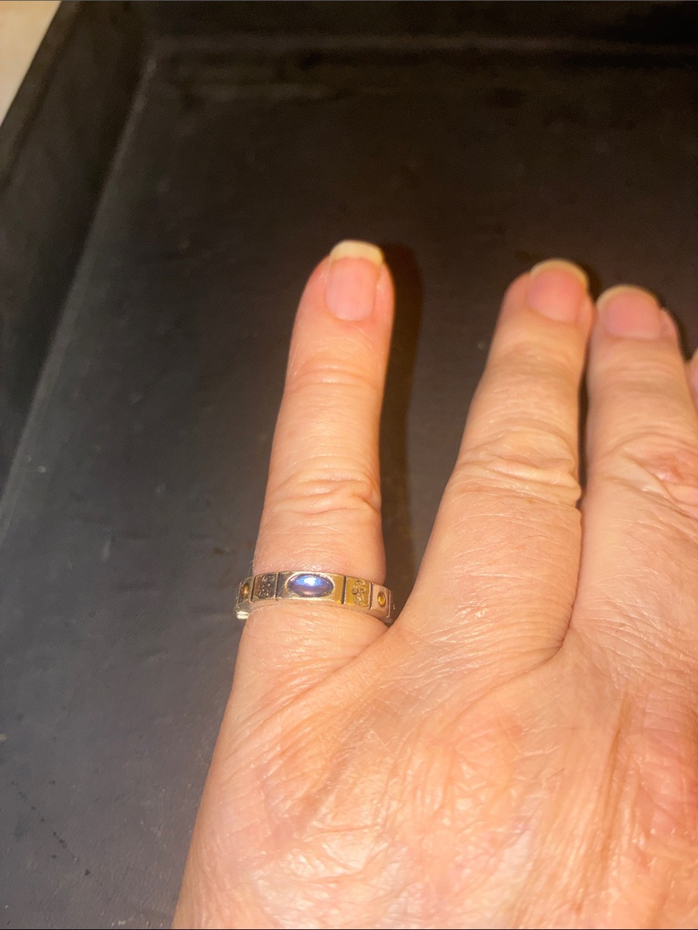 Gold-Tone Stretch Ring with Blue Cabochon Oval Stone